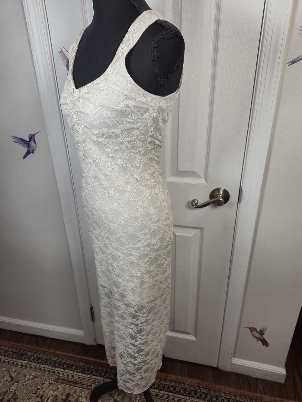 Forever 21 Cream Floral Lace Ruched Bust Coquette Boho Maxi Dress Size Small - Picture 4 of 6